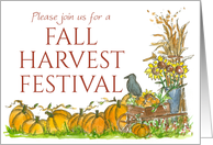 Fall Harvest Festival Invitation Pumpkins Crow Illustration Watercolor card