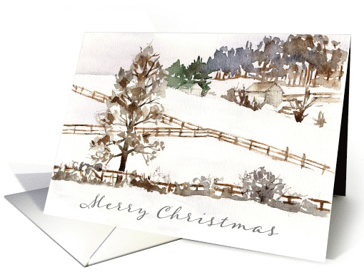Merry Christmas Farm Winter Landscape Watercolor card (1303074)