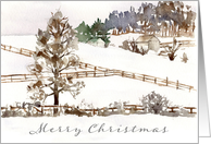 Merry Christmas Farm Winter Landscape Watercolor card