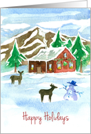 Happy Holidays Country Cabin Woodland Deer card