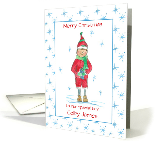 Merry Christmas Custom Name To A Very Sweet Boy Holiday Elf card