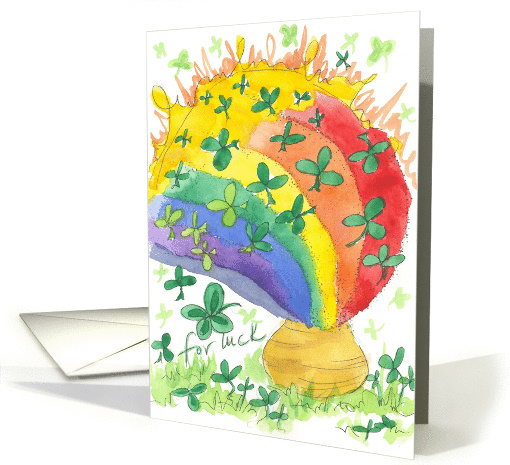 Happy St. Patrick Pot of Gold Rainbow Clover Watercolor card (131721)