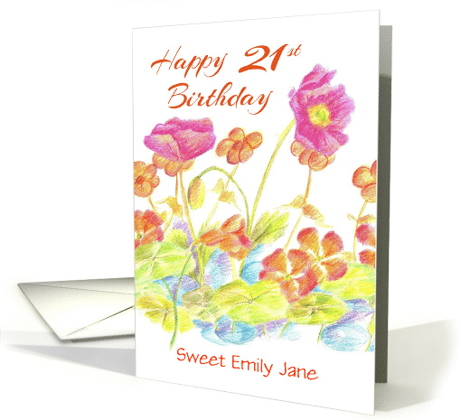 Happy 21st Birthday Custom Name Card Flower Illustration card
