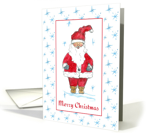 Merry Christmas Santa Claus Blue Snowflakes Watercolor Art card