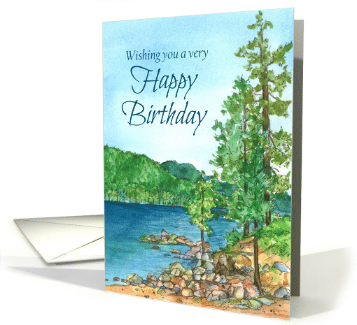 Happy Birthday Mountain Lake Landscape Watercolor card (1330902)