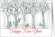 Happy New Year Forest Animals Deer Rabbit Drawing card