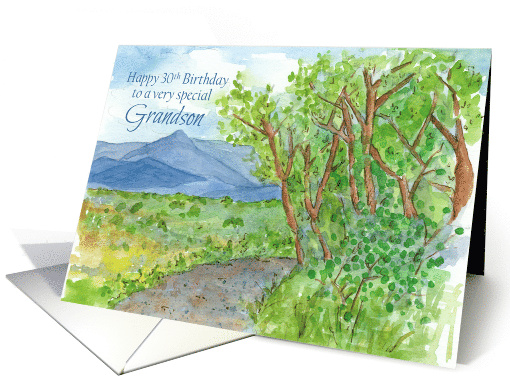 Happy 30th Birthday Grandson Mountain Landscape Watercolor card