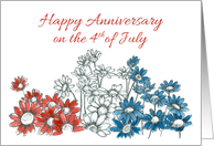 Happy 4th of July Anniversary Red White Blue Daisy Flowers Drawing card