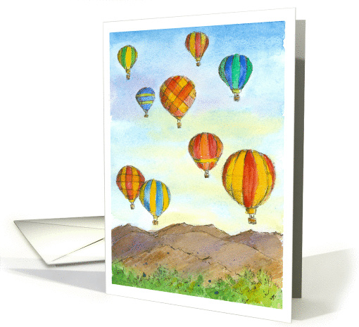 Happy Birthday Hot Air Balloons Mountains Trees Watercolor card