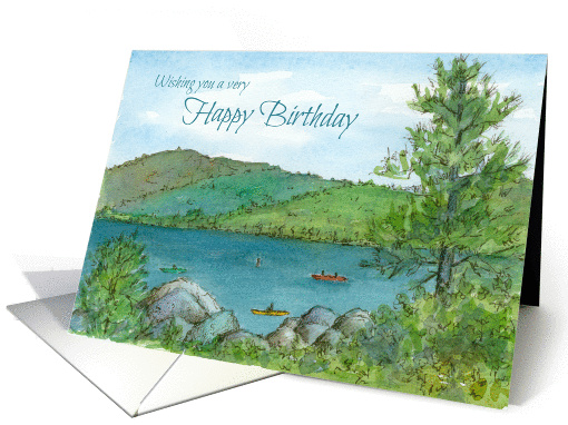 Happy Birthday Mountain Lake Kayaks Watercolor Painting card (1366418)