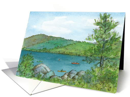 Kayaking Mountain Lake Watercolor Illustration Blank card (1366422)