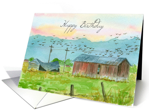 Happy Birthday Barns Birds Country Landscape Watercolor Painting card