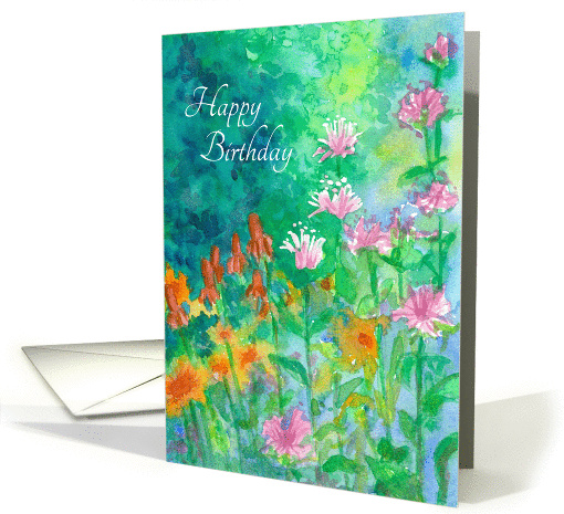 Floral Birthday Card Pink Bee Balm Garden Watercolor Painting card