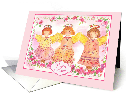 Happy Birthday Angels Pink Roses Watercolor card (137121)