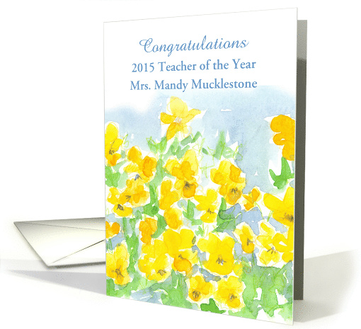 Congratulations Teacher of the Year Custom Name Yellow Pansies card