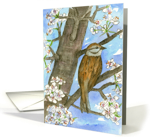 Congratulations Sparrow Bird Flowering Tree Nature Painting card