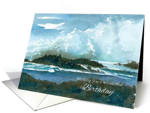 Happy Birthday Ocean Waves Rocks Seascape Watercolor Art card