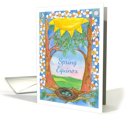 Spring Equinox Robin Eggs Bird Nest Landscape Watercolor Painting card