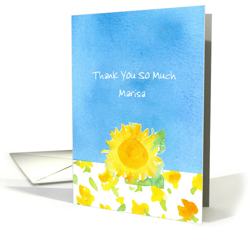 Thank You Custom Name Yellow Sunflower Sky Blue Watercolor card
