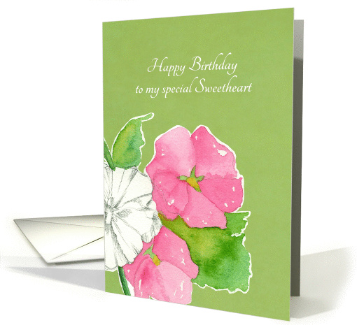 Happy Birthday Sweetheart Pink Hollyhock Flowers Watercolor card