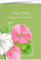 Happy Birthday Sweetheart Pink Hollyhock Flowers Watercolor card