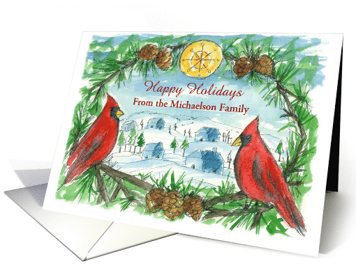Happy Holidays Custom Name Red Cardinal Birds Village Scene card