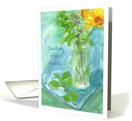 Thinking of You Custom Name Yellow Daisy Wildflower Bouquet card