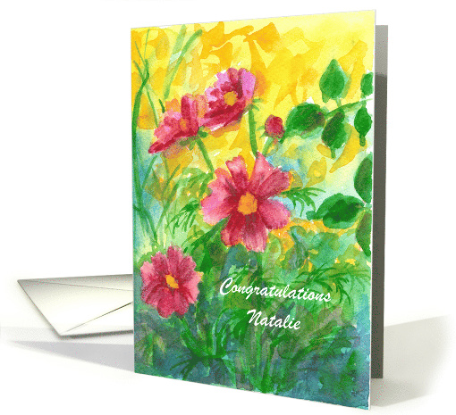 Congratulations Custom Name Pink Cosmos Watercolor Flowers card