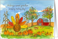 Happy Thanksgiving Sweet Grandson Turkey Red Barn Watercolor card