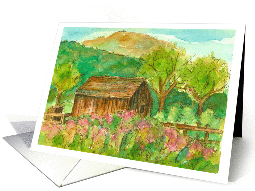 Happy Birthday Autumn Barn Landscape Watercolor Painting card