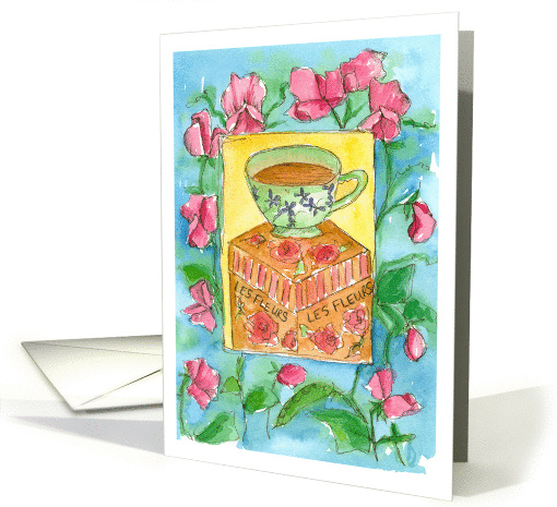 Happy Birthday My Friend Teacup Sweet Pea Flowers Watercolor card