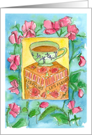 Happy Birthday My Friend Teacup Sweet Pea Flowers Watercolor card