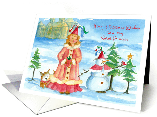 Merry Christmas Wishes Sweet Princess Snowman Castle Watercolor card