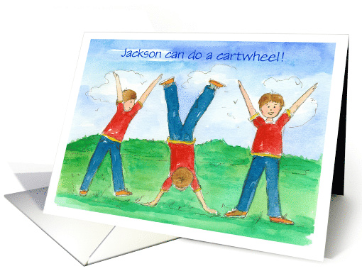 Young Boy First Cartwheel Congratulations Watercolor Illustration card