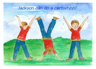 Young Boy First Cartwheel Congratulations Watercolor Illustration