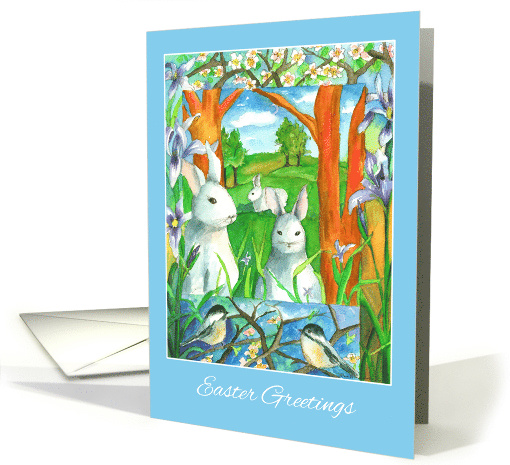 Easter Greetings White Rabbit Chickadee Birds Watercolor card