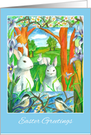 Easter Greetings White Rabbit Chickadee Birds Watercolor card