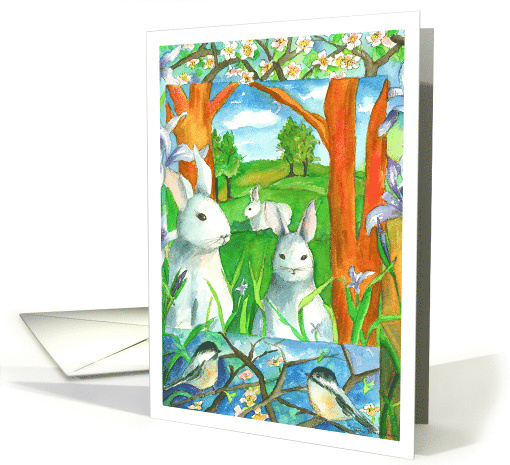 Happy Easter White Rabbit Chickadee Birds card (1417248)