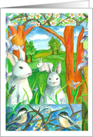 Happy Easter White Rabbit Chickadee Birds card