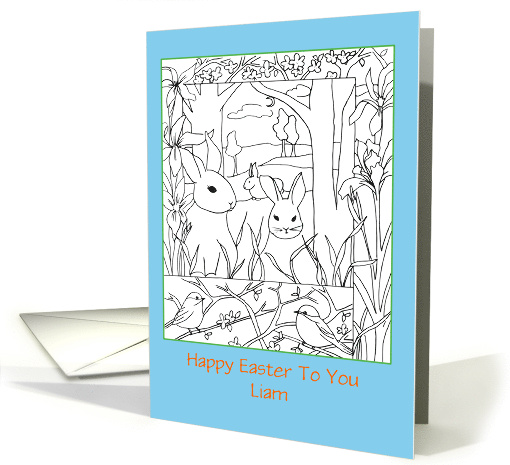 Happy Easter Custom Name Rabbits Chickadee Birds Coloring Book card