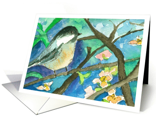 Happy Birthday Chickadee Bird In Tree Watercolor Flowers card