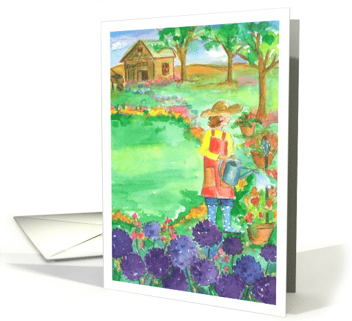 Woman Gardening Purple Alliums Flowers Blank card (1419496)