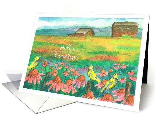 Hello Custom Name Country Barn Meadowlark Birds Pink Coneflowers card