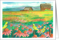 Hello Custom Name Country Barn Meadowlark Birds Pink Coneflowers card