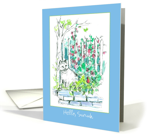 Hello Custom Name Cat in the Garden Pen and Ink Watercolor Sketch card