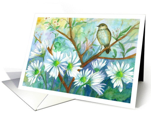 Happy Mother's Day Bird in Tree Daisy Flowers Watercolor Painting card