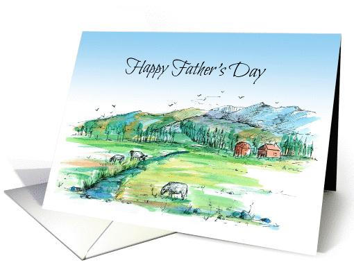 Happy Father's Day Cows Farm Landscape Watercolor Drawing card