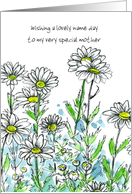 Happy Name Day Mom White Daisy Flower Drawing Custom card
