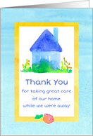 House Sitter Thank You Blue House Watercolor card