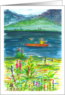 Happy National Canoe Day Mountain Lake Wildflowers Watercolor card